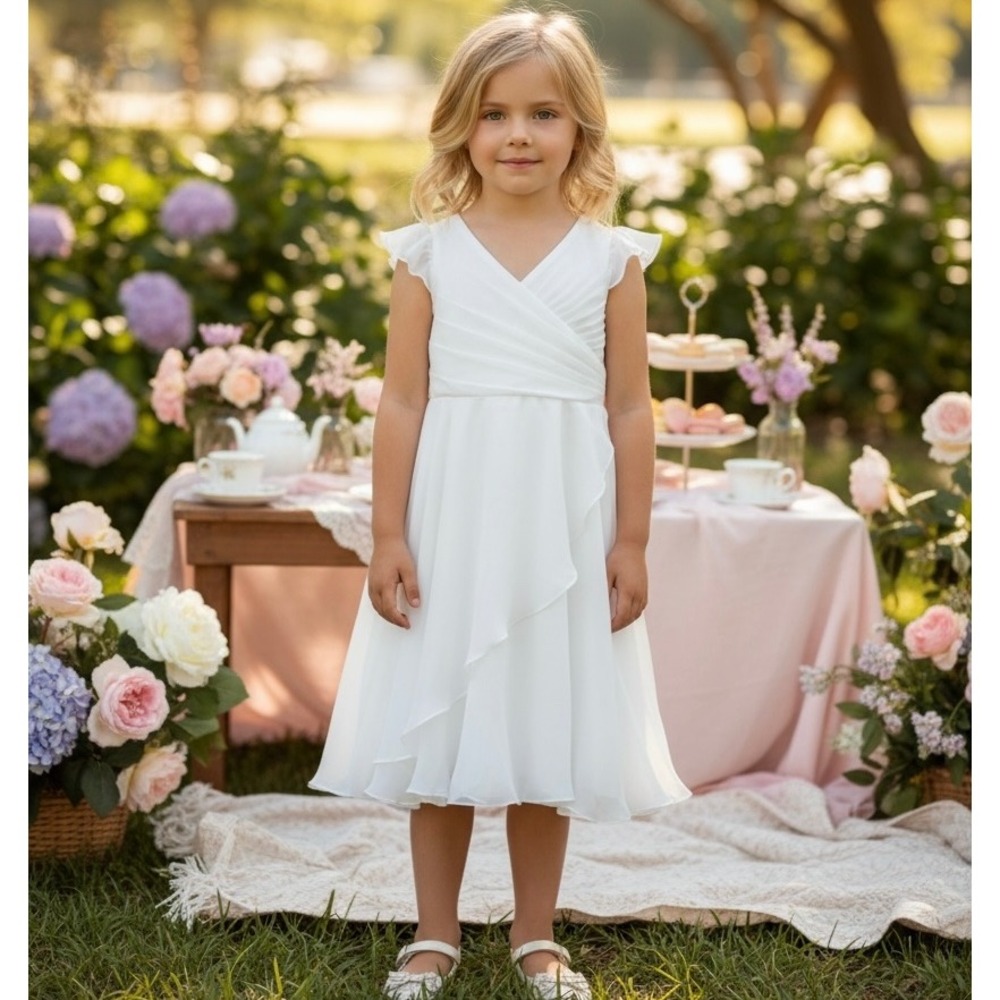 DB Studio Girls White Size‎ 5 Chiffon Flower Dress Flutter Sleeve Layered